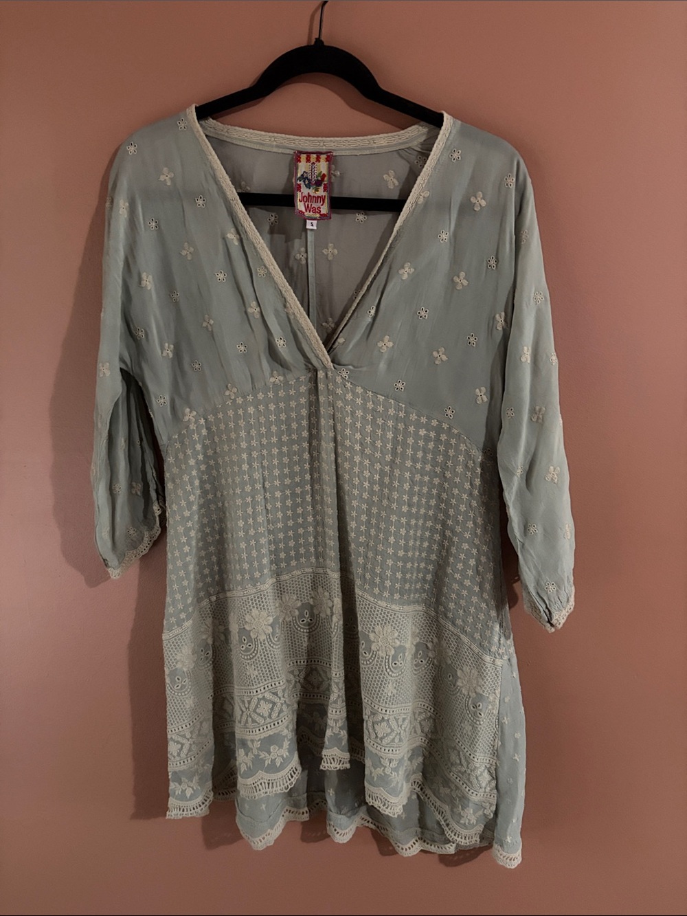 Johnny Was Dusty Blue Embroidered V-Neck Tunic